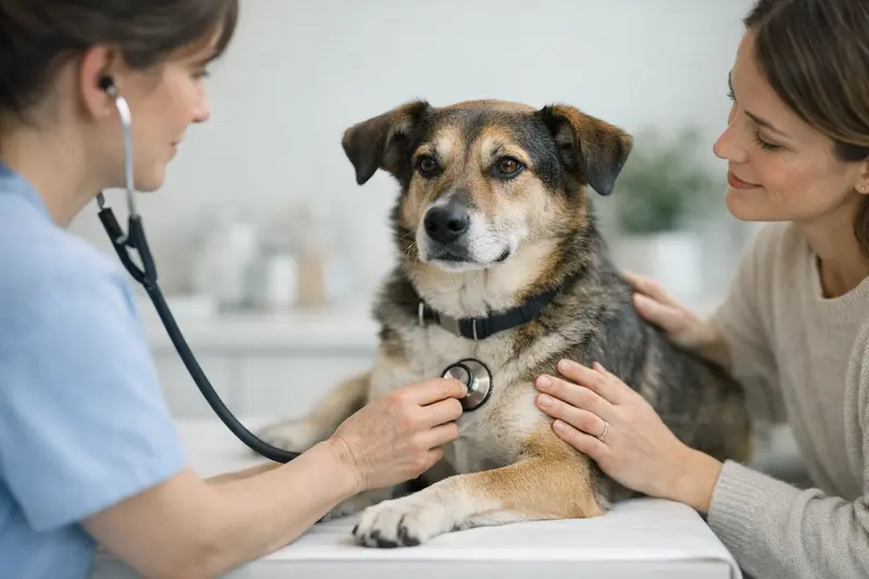 Ein beruhigter Hund beim Tierarzt während eines Gesundheitschecks.