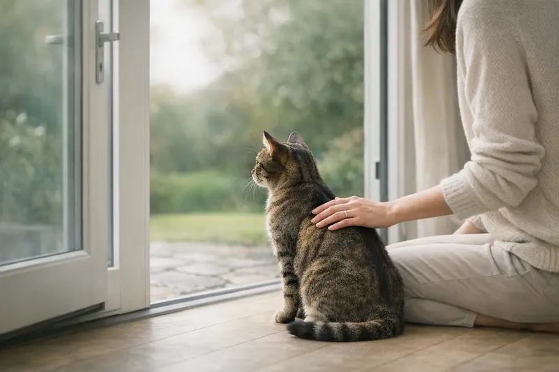 Eine Katze sitzt am Fenster und schaut nach draußen, während sie über Freigang nachdenkt.