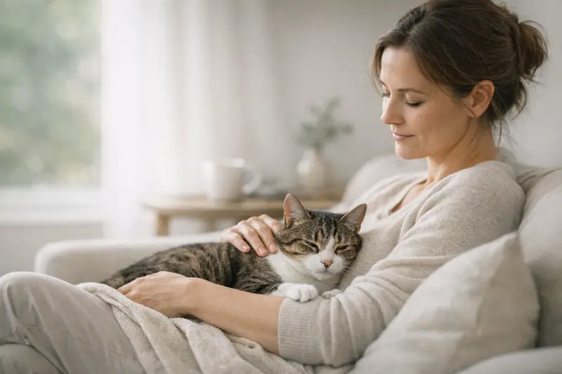 Eine entspannte Katze liegt auf einem weichen Kissen und vermittelt ein Gefühl von Sicherheit und Fürsorge.