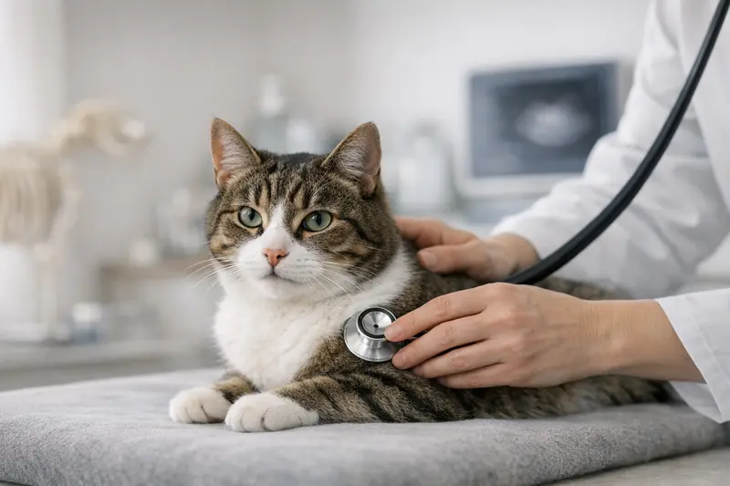 Eine ruhige Katze wird in einer tierärztlichen Untersuchungssituation betreut, was Vertrauen und medizinischen Kontext vermittelt.