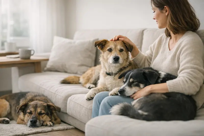 Drei zufriedene Hunde genießen einen ruhigen Alltag in einem familiären Umfeld und strahlen Sicherheit aus.
