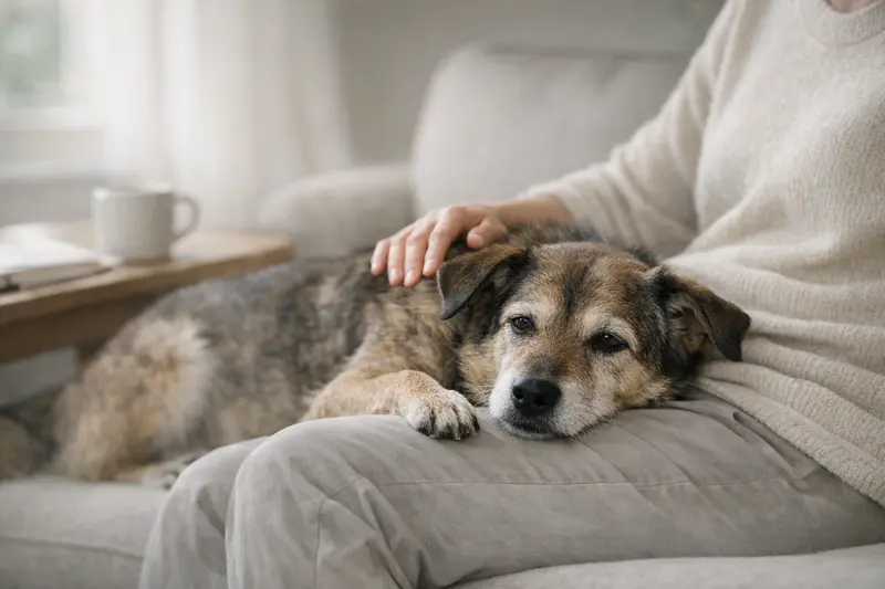 Ein älterer Hund entspannt auf einem Teppich und zeigt Anzeichen von gesundheitlicher Aufmerksamkeit.