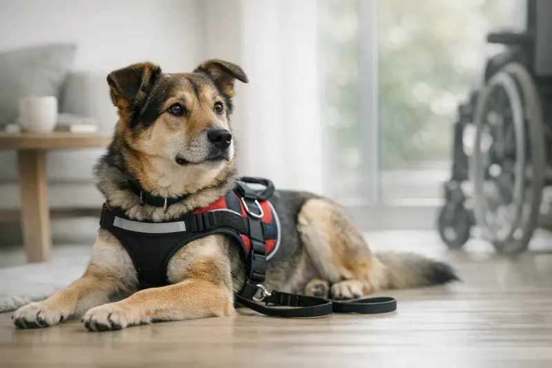 Ein ruhiger Assistenzhund in seinem Geschirr, der im Alltag seiner Aufgabe nachgeht.