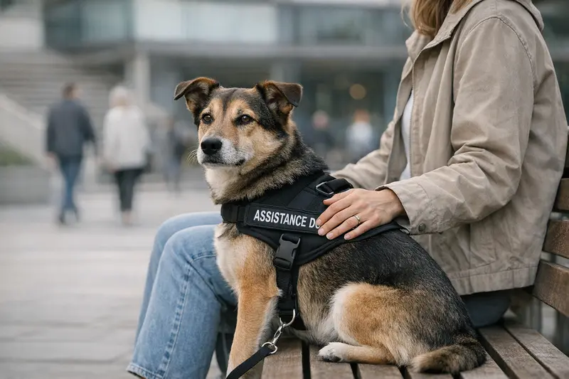 Ein Assistenzhund begleitet seinen Besitzer in einem öffentlichen Park und zeigt, wie wichtig Verantwortung und Haftung für Hundebesitzer sind.