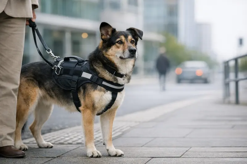 Ein Assistenzhund an der Leine in einer urbanen Umgebung, der seinen Halter im Alltag unterstützt.
