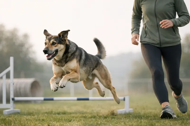 Aktiver, sportlicher Hund springt während eines Hundesports über ein Hindernis.