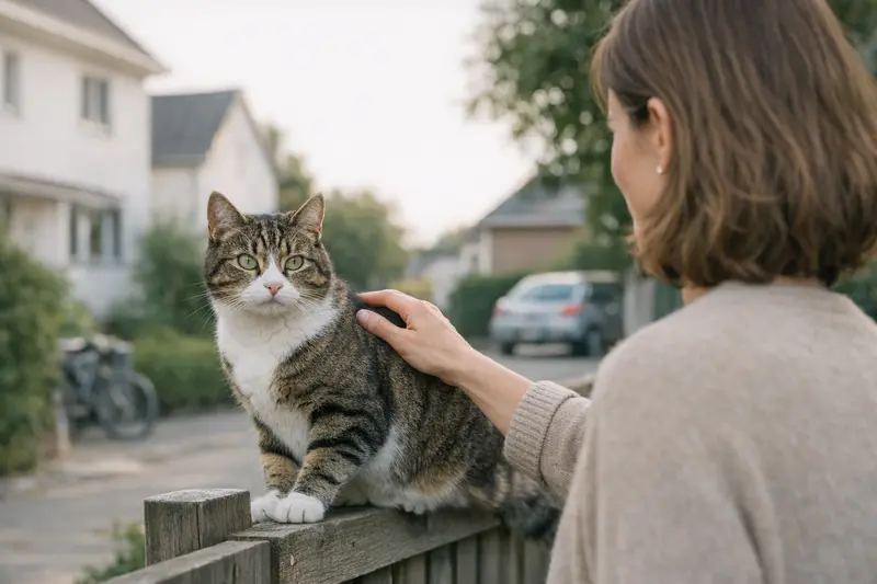 Freigänger-Katze in einer ruhigen Wohnumgebung, die sorglos die Nachbarschaft erkundet.