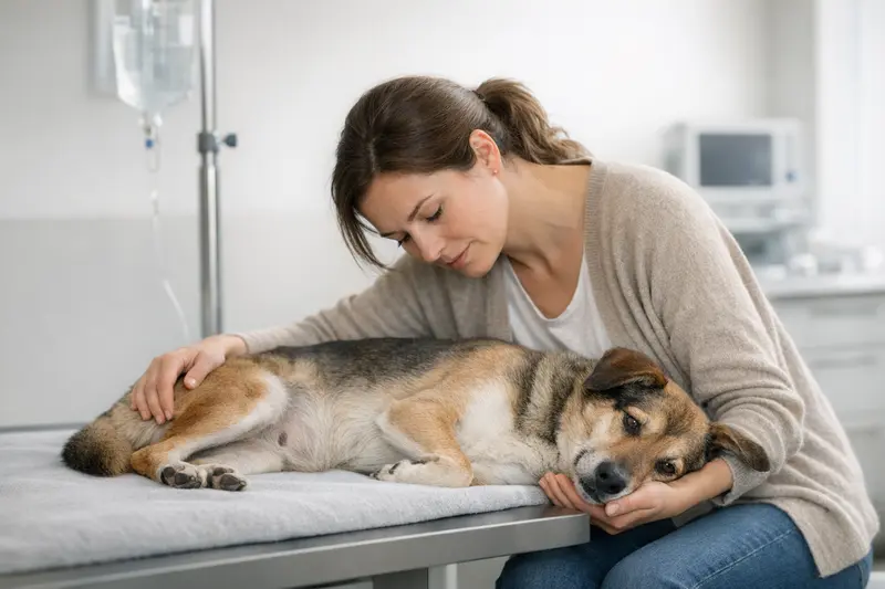 Ein ruhiger Hund in einer Klinik zeigt Anzeichen eines akuten Bauch-Notfalls.