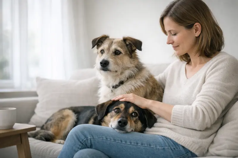 Zwei gesunde Hunde spielen fröhlich im Garten und symbolisieren ein harmonisches Leben in einem Mehrhundehaushalt.