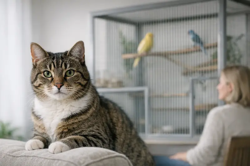 Eine Katze sitzt im Vordergrund, während ein Vogelkäfig in sicherem Abstand im Hintergrund zu sehen ist.