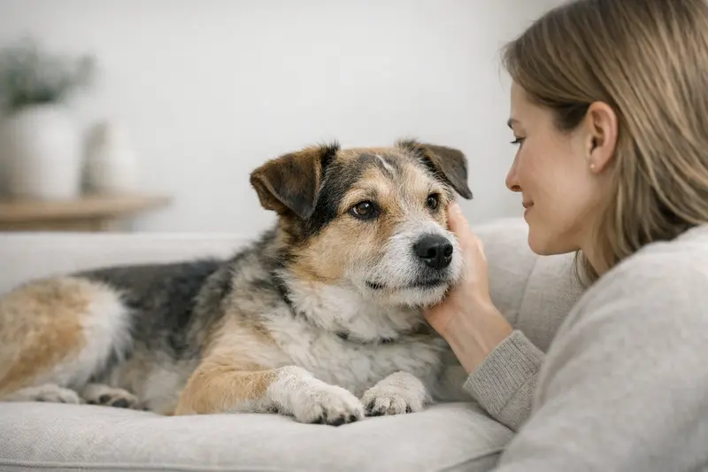 Ein gepflegter Hund sitzt in einer neutralen Umgebung und vermittelt Vertrauen.