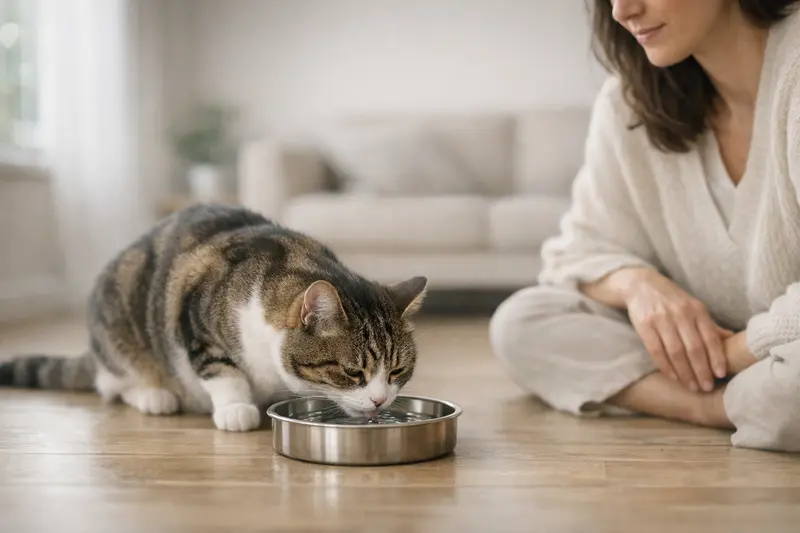 Hauskatze trinkt Wasser aus einem Wassernapf und zeigt, dass Wasser die bessere Wahl als Milch für Katzen ist.