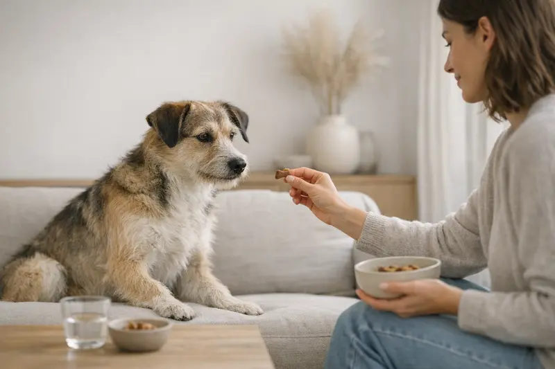Ein ruhiger Hund genießt einen Snack in seinem gewohnten Umfeld.
