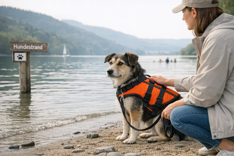 Ein sicherer Hund schwimmt mit einer Schwimmweste am Hundestrand in Baden-Württemberg.