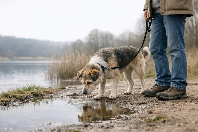 Ein fröhlicher Hund, der am Ufer eines Gewässers entlangläuft und neugierig in eine Pfütze schnüffelt.