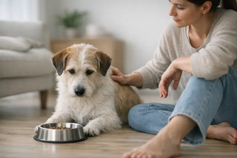 Ein Hund sitzt vor seinem Napf und frisst nicht, was auf mögliche gesundheitliche Probleme hinweisen könnte.
