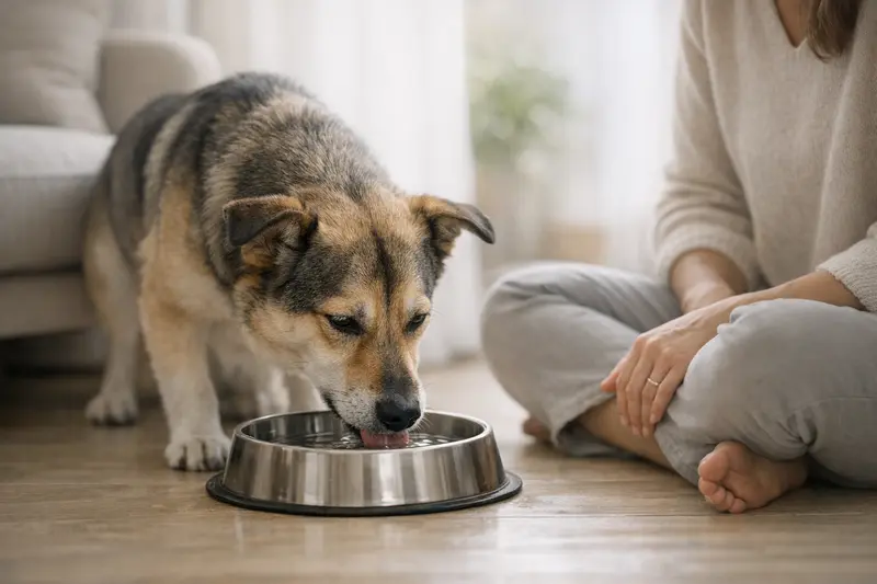 Ein gesunder Hund trinkt aus einem Wassernapf in einer ruhigen Umgebung, symbolisiert die Wichtigkeit der Tiergesundheit.