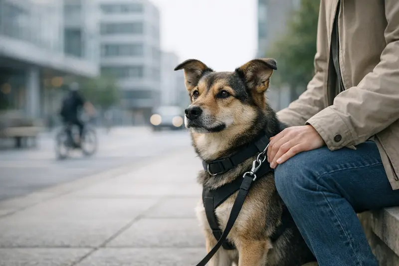 Ein gut erzogener Hund an der Leine in einer urbanen Umgebung, der entspannt mit seinem Halter unterwegs ist, symbolisiert Prävention in der Tiergesundheit.