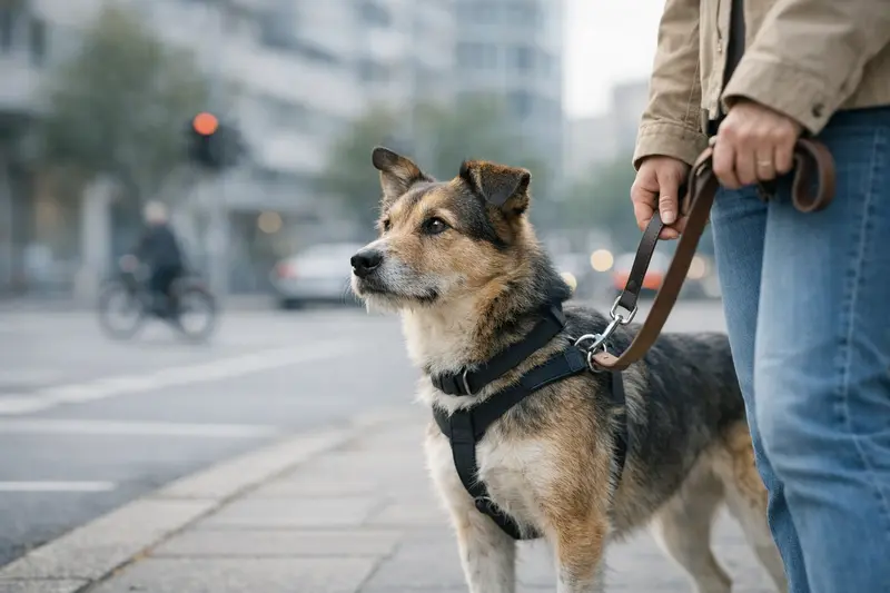 Ein Hund, der an der Leine im urbanen Umfeld Gassi geht und aufmerksam in die Umgebung schaut.