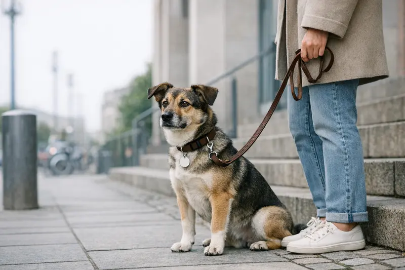 Ein gewissenhaftes Herrchen führt seinen Hund an der Leine durch ein urbanes Umfeld.