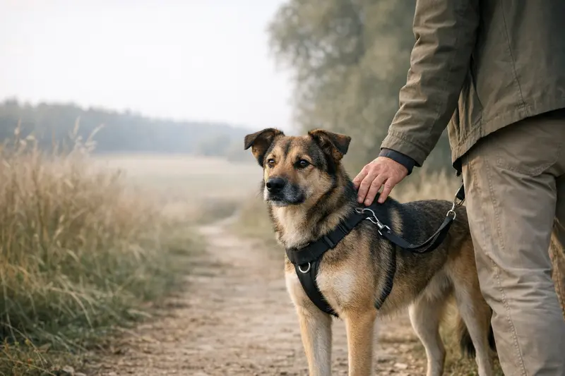 Ein Hund an der Leine, sicher spazieren gehend in einer Wald- und Feldlandschaft.