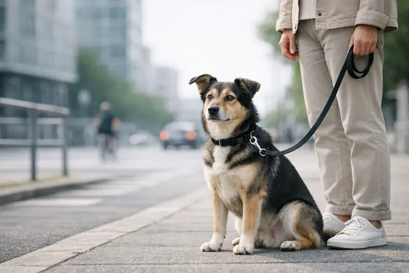 Ein sicherer Hund an kurzer Leine läuft durch die Straßen einer modernen Stadt.