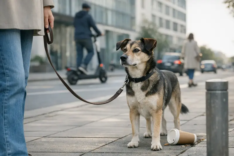 Ein Hund, der an einer Leine in einem städtischen Umfeld gehalten wird, symbolisiert die Halterverantwortung.