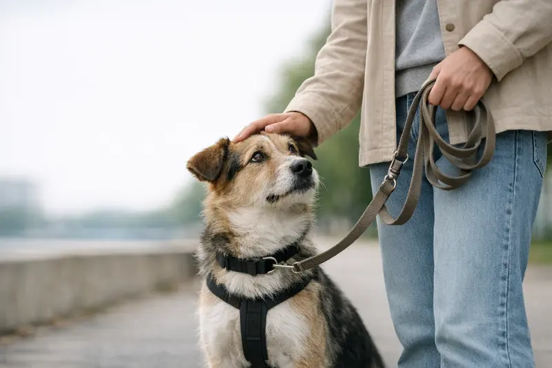 Ein gut urbaner Hund wird an der Leine von seinem Halter in einem Park geführt.