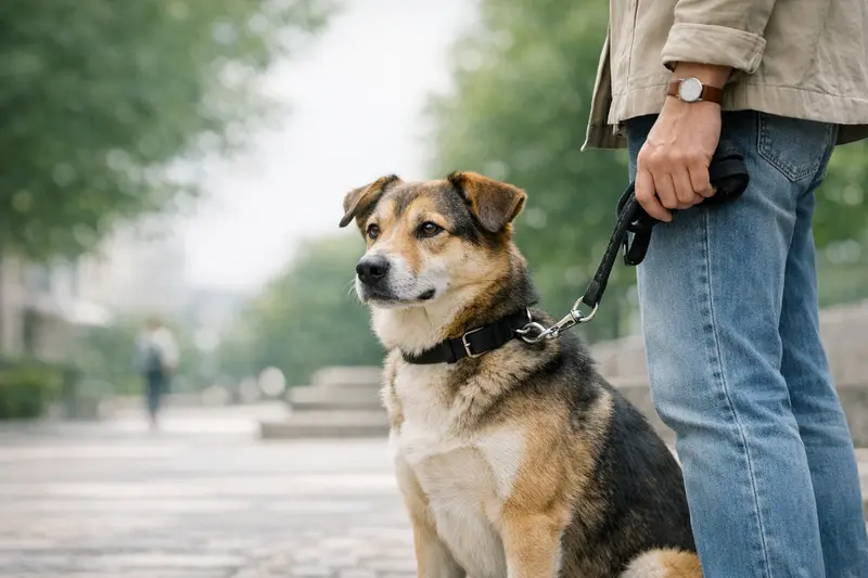 Ein verantwortungsvoller Hundehalter führt seinen Hund an der Leine in einem Park.