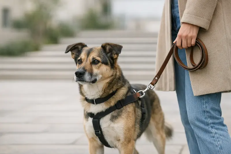 Ein verantwortungsbewusster Hundebesitzer geht mit seinem Hund an der Leine spazieren und zeigt den Alltag mit einem Haustier.