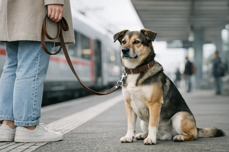 Ein ruhiger Hund, der angeleint am Bussteig sitzt und geduldig auf seinen Halter wartet.