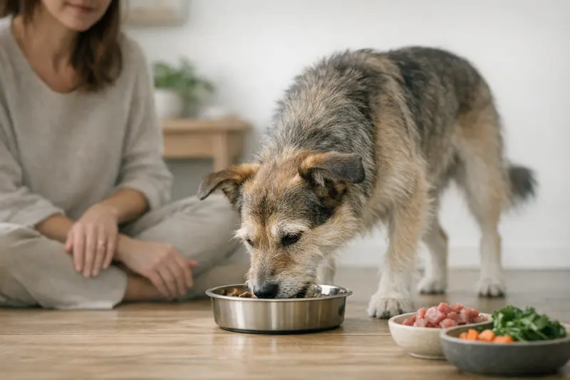 Ein gesunder Hund, der aus einem Futternapf frisst, symbolisiert die Bedeutung der richtigen Futterwahl.