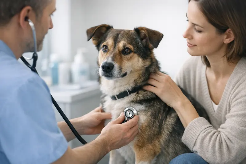 Ein vertrauensvoller Hund wird während eines Gesundheitschecks vom Tierarzt untersucht.