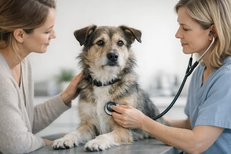 Ein ruhiger Hund wird in einer Tierarztpraxis von einer Fachkraft während eines Gesundheitschecks untersucht.