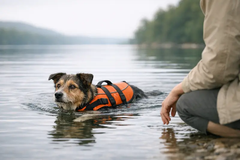 Ein Hund in Schwimmweste schwimmt sicher in ruhigem Gewässer und zeigt sportliche Aktivität.