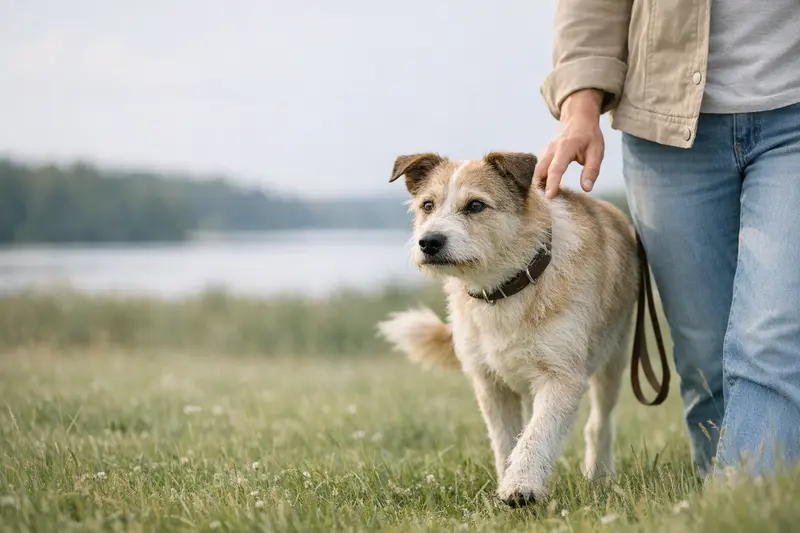 Ein ruhiger Hund genießt einen entspannten Spaziergang über eine grüne Wiese.