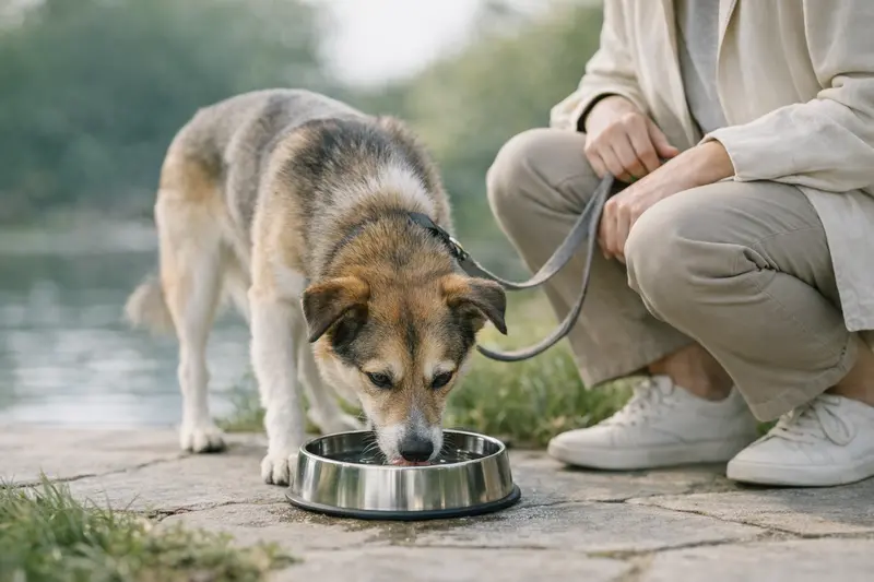 Ein gesunder Hund beim Spaziergang mit einem Trinknapf, der auf ausreichende Flüssigkeitsaufnahme hinweist.