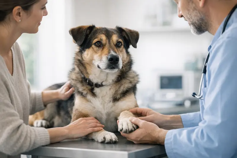 Ein Hund erhält eine vertrauensvolle Behandlung beim Tierarzt und vermittelt Sicherheit.