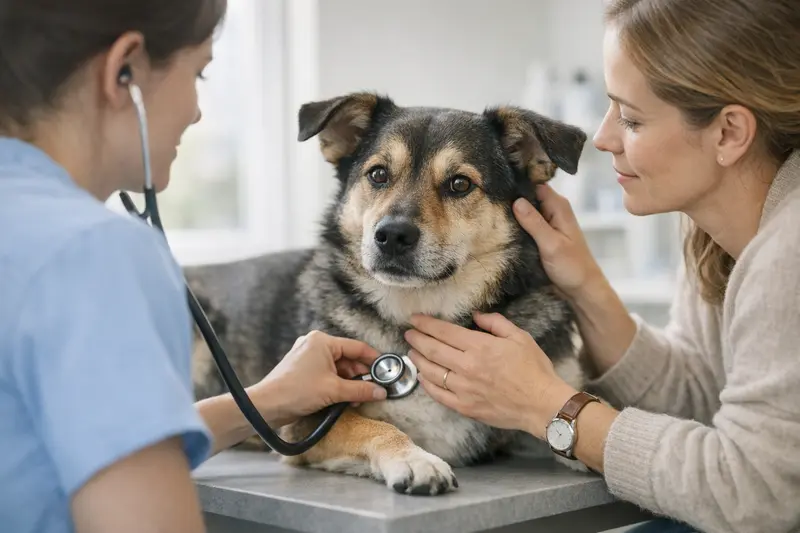 Ein Hund erhält eine Untersuchung beim Tierarzt, um Gesundheitskosten abzusichern.