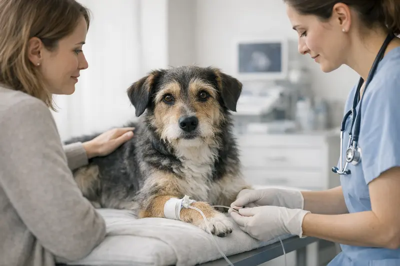 Ein gesunder Hund wird von einem Tierarzt untersucht, um die Kostentransparenz und Absicherung zu verdeutlichen.