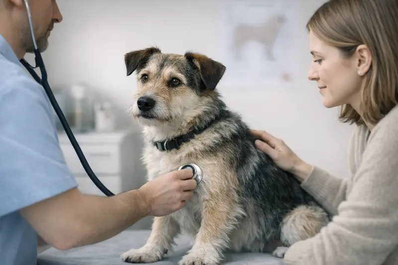 Ein Hund wird von einem Tierarzt in einer Klinik untersucht.
