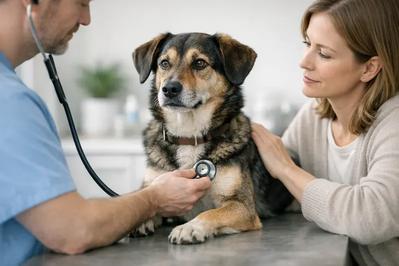 Ein ruhiger Hund wird beim Tierarzt gründlich untersucht.