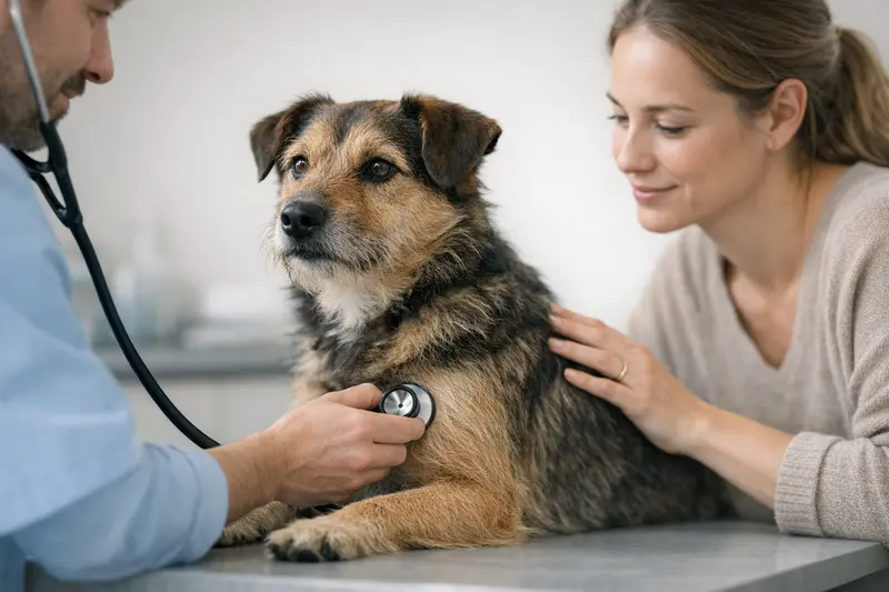 Ein ruhiger Hund beim Tierarzt während eines Gesundheitscheck-ups.