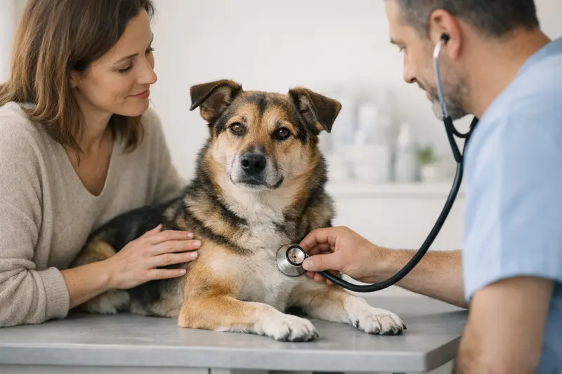 Ein entspannter Hund sitzt beim Tierarzt und wird gründlich untersucht.