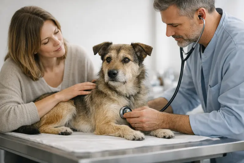 Ein Hund beim Tierarzt während eines Gesundheitschecks, der freundlich behandelt wird.