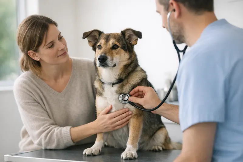 Ein ruhiger Hund bekommt beim Tierarzt einen Check-up, um Gesundheitskosten planbar zu machen.