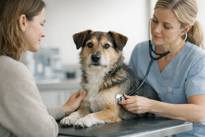 Ein entspannter Hund wird von einem Tierarzt bei einem Gesundheitscheck betreut.