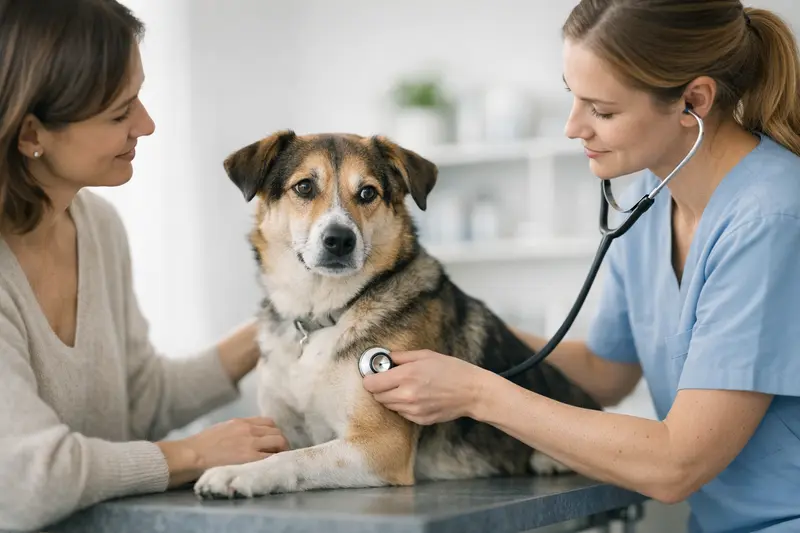 Ein entspannter Hund wird beim Tierarzt untersucht, um die Gesundheit abzusichern.