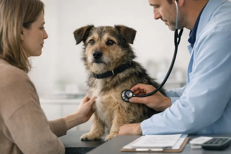 Ein Hund wird beim Tierarzt untersucht, um seine Gesundheit und Vorsorge sicherzustellen.