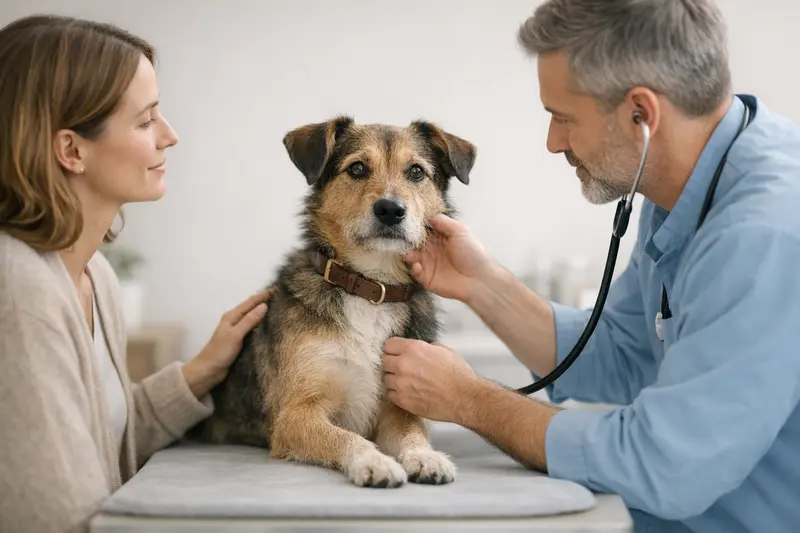 Ein gesunder Hund wird beim Tierarzt untersucht, um die Wichtigkeit der Gesundheitsvorsorge zu betonen.